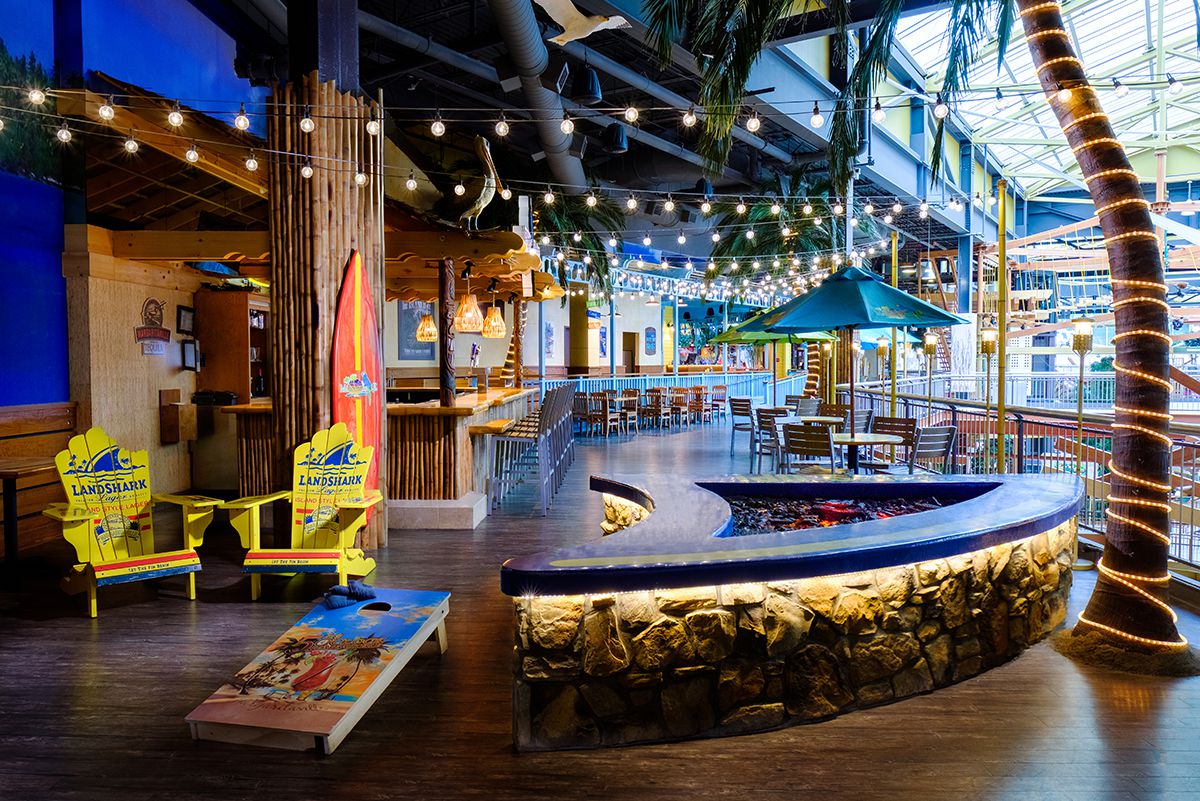 Tiki Bar Interior in blue with chairs and tables